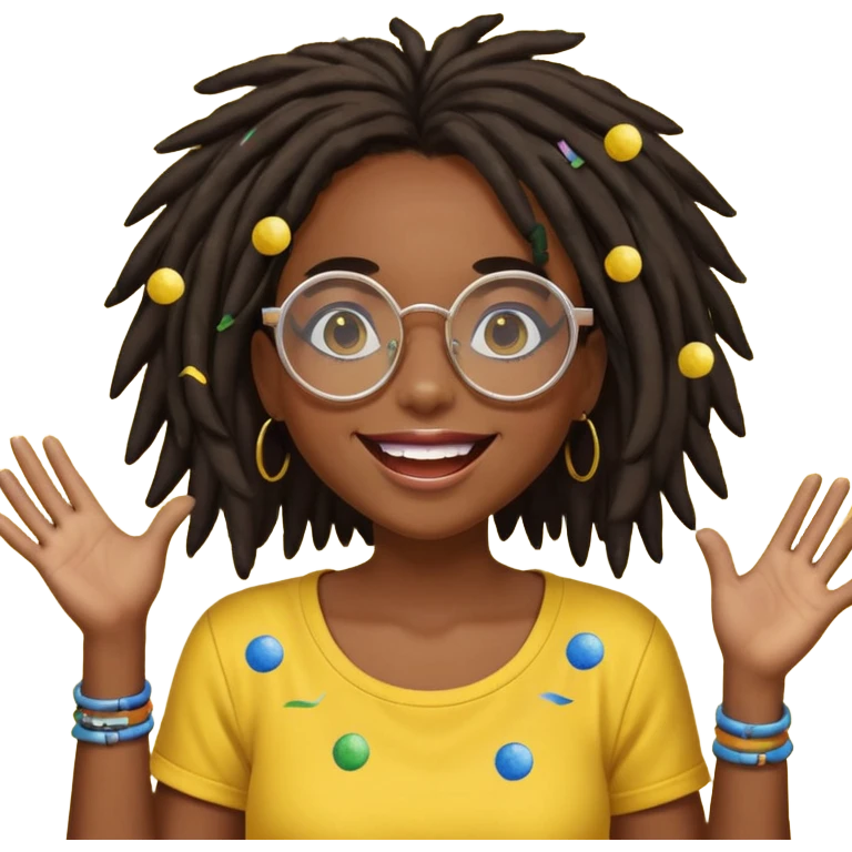 darker skin female with dark dreadlock hair wearing large round glasses and a yellow top celebrating with confetti emoji