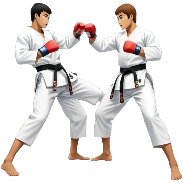 Two taekwondo fighters in traditional white doboks with black belts compete in a dynamic match. One executes a high spinning kick, while the other blocks skillfully. The background features a professional arena with bright lights and spectators. Transparent background. emoji