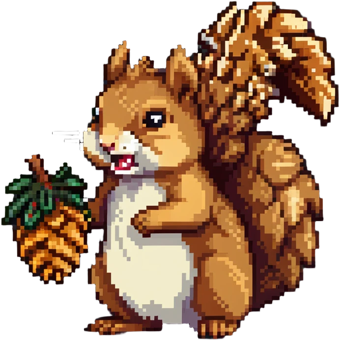 Greedy squirrel with big pine cone on head, weird creepy expression, hungry looking emoji