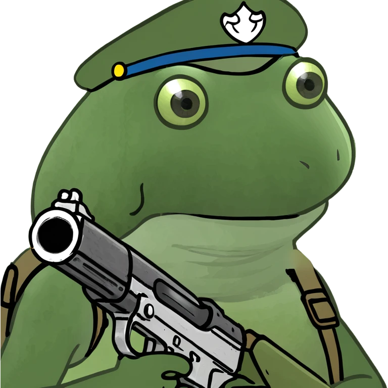 A frog with a blank eyes, holding a rifle with a green helmet and a green vest emoji