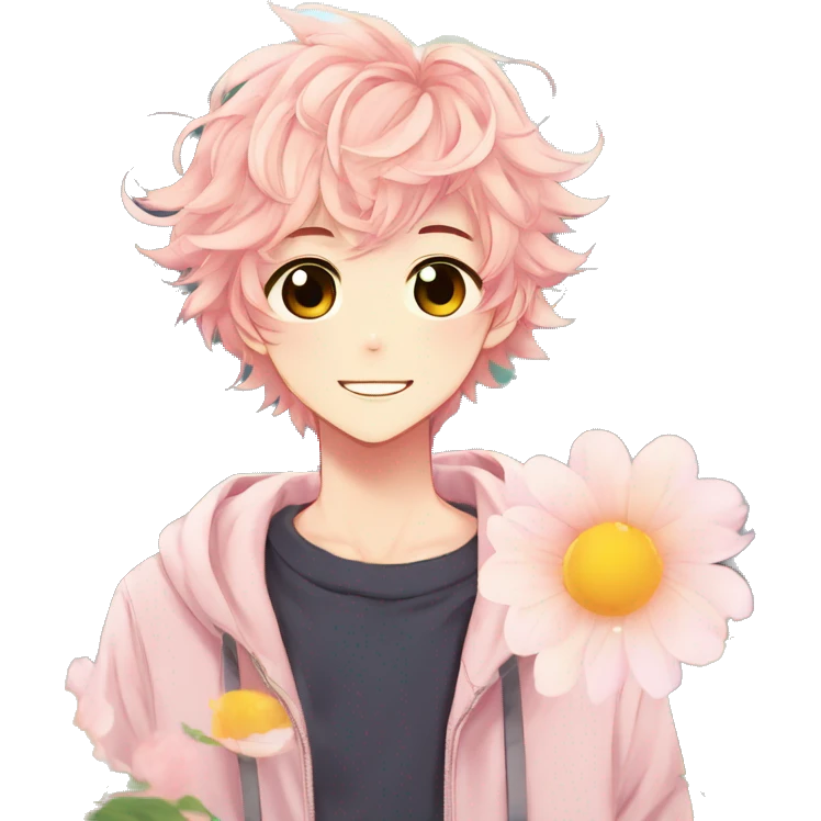 Gorgeous bright sparkly anime style shojo guy with blushing face and flowers aesthetic trending style outside emoji