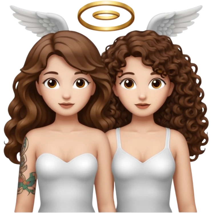 fake angel pose — long wavy brown hair tattooed woman and short tight curly brown hair woman — halo sparkle emoji