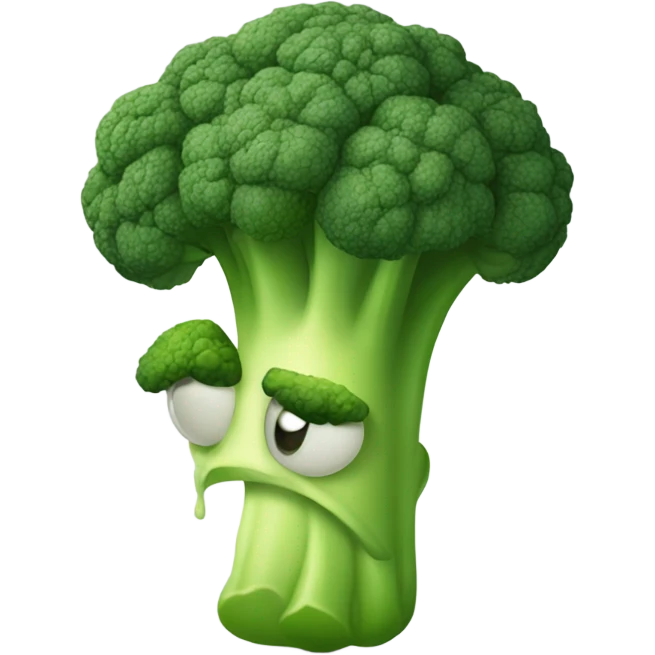 A sad broccoli with downcast eyes and a trembling lip looks upset, as if saying goodbye. Emoji style, simple and friendly, with soft outlines and bright colors. emoji