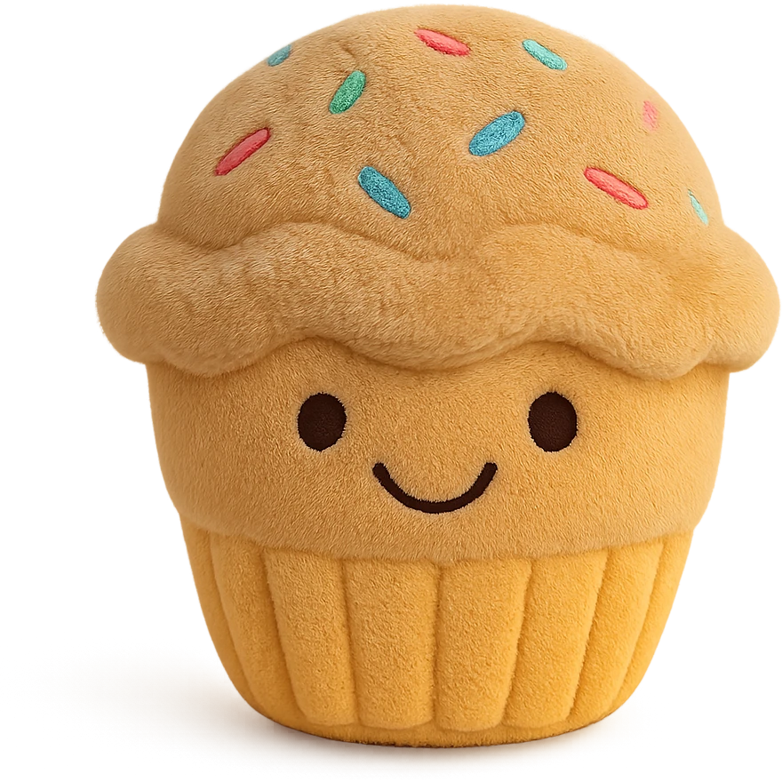 A plush cupcake with soft fabric frosting, embroidered sprinkles, and a happy face stitched onto the front emoji