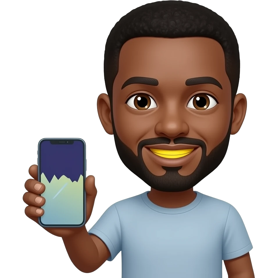 Emoji padrão preto com aparelho apagado com os dentes a mostra bem amarelo emoji