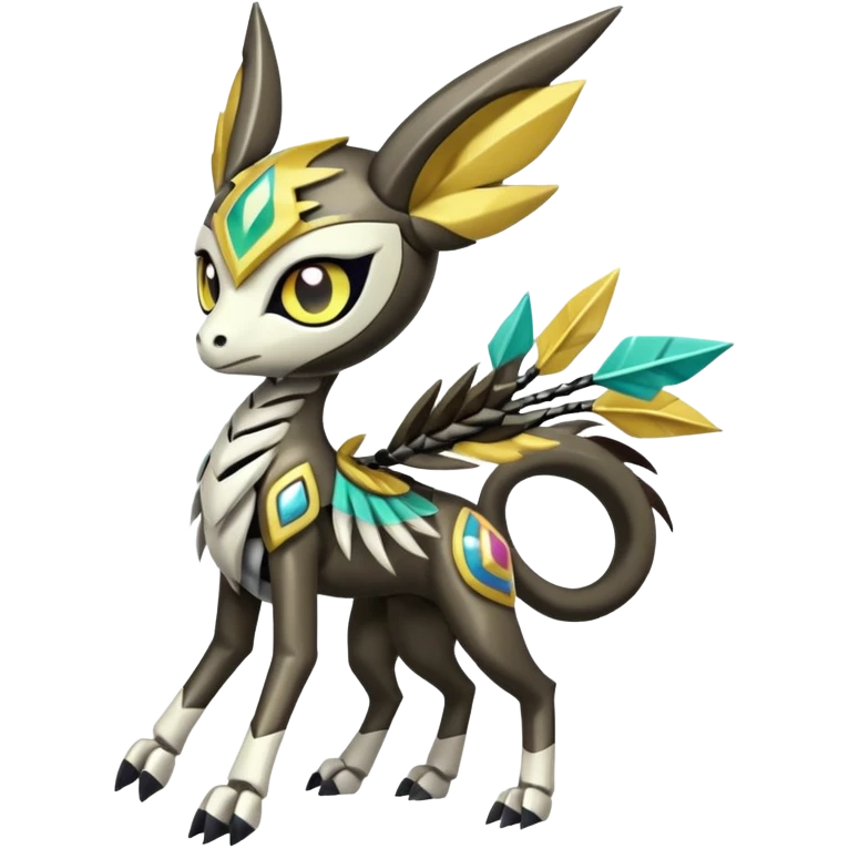 Arrow-patterned chevron-marked Cute Big-eyed anime-styled Colorful Shiny Tribal Skeletal masked armored Meloetta-Silvally-Solgaleo-Raikou-Pokémon-Digimon-Fakémon-fusion-hybrid-creature, full body emoji