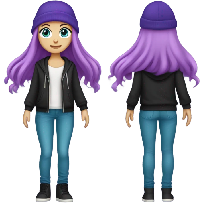 White girl, blue eyes, long teal hair, purple beanie hat, black hoodie, blue jeans, black shoes emoji