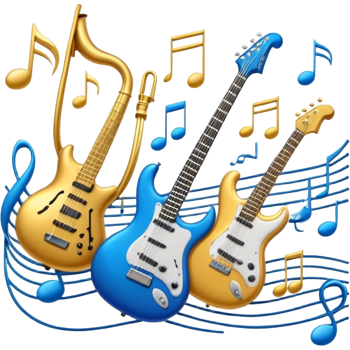 Create an elegant and dynamic emoji that represents music arrangement and orchestration. The design should feature musical notes, a synthesizer, drums, and an electric guitar, symbolizing the diverse instruments used in arranging and orchestrating music. Incorporate flowing lines to represent harmony and rhythm, with a subtle representation of sheet music. Use a combination of vibrant and classic colors like electric blue, gold, and silver, blending the electronic and traditional aspects of arrangement. The background should be transparent. emoji