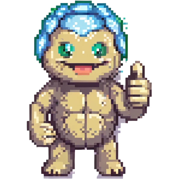 pixel art Geodude smiling, giving a thumbs up, retro 8-bit look emoji