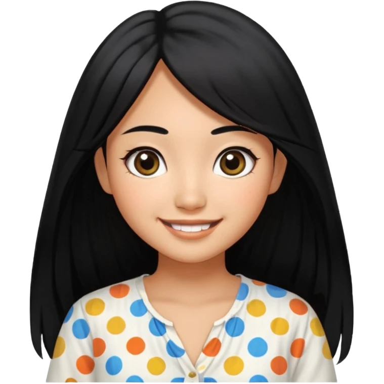 20 yr old asian woman hair white blouse with black dots center part big eyes big smile tanned skin straight black hair hippie part hair  emoji