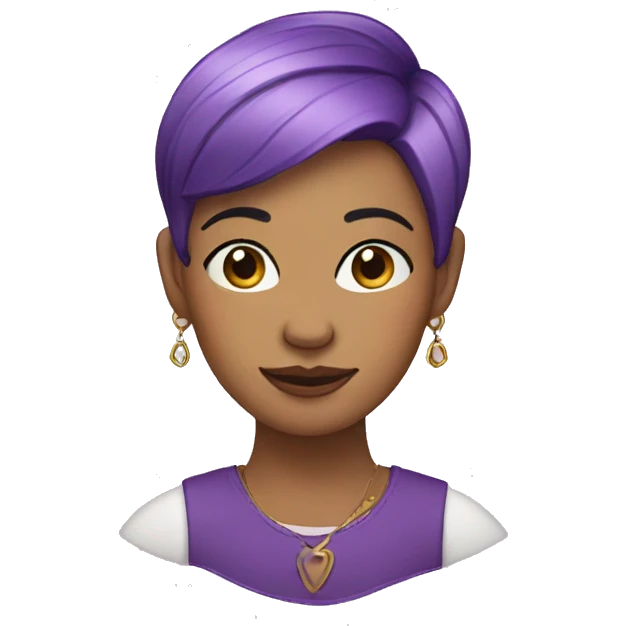 A woman with short purple hair. With an earring in the center of the nose and ear emoji