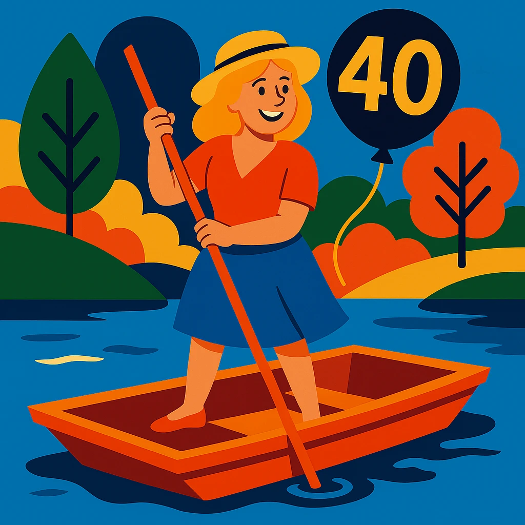 Make the woman have blonde hair and give her a 40th birthday balloon in a vibrant toon illustration style. emoji