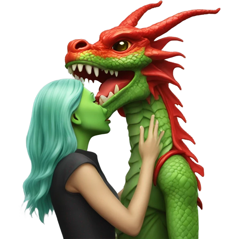 Photo realistic, alien female green, kissing on red china dragon emoji
