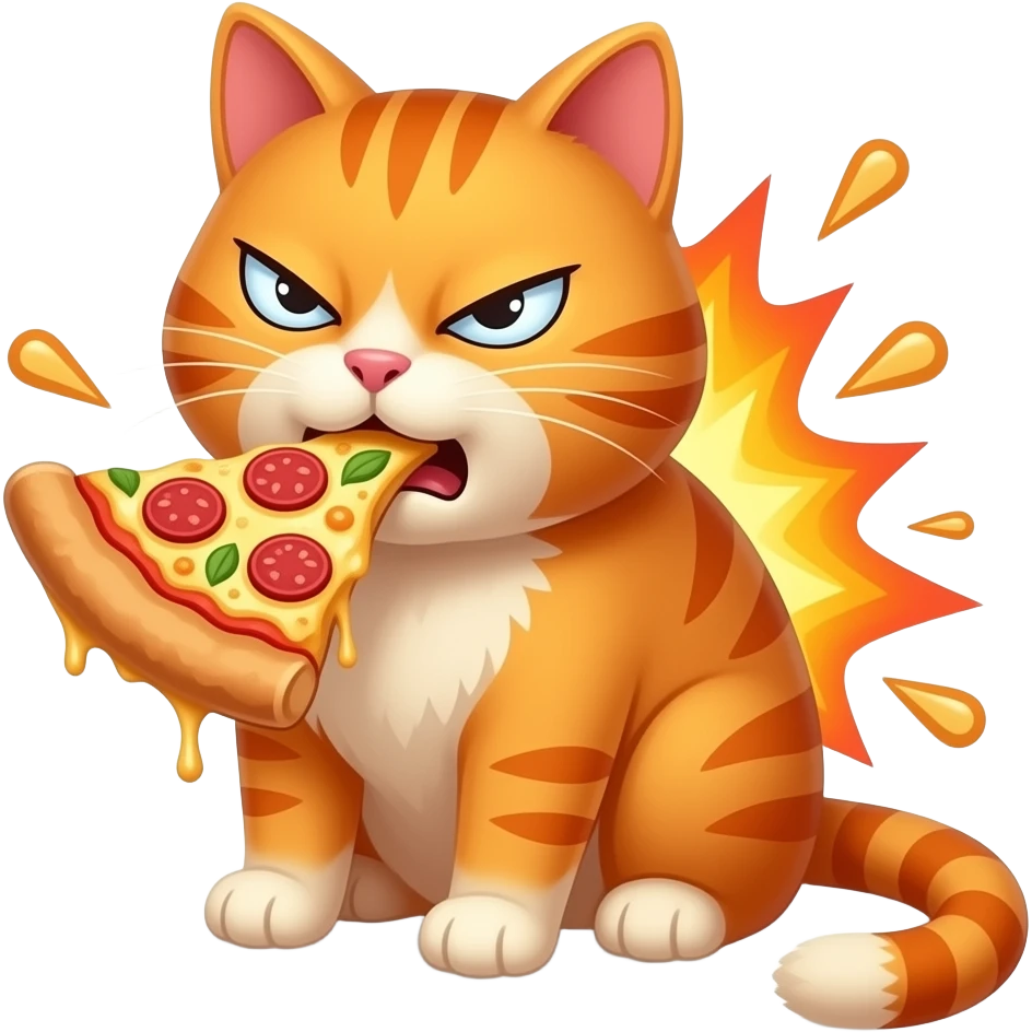 Orange cat eating pizza and making an ugly face while the pizza explodes emoji
