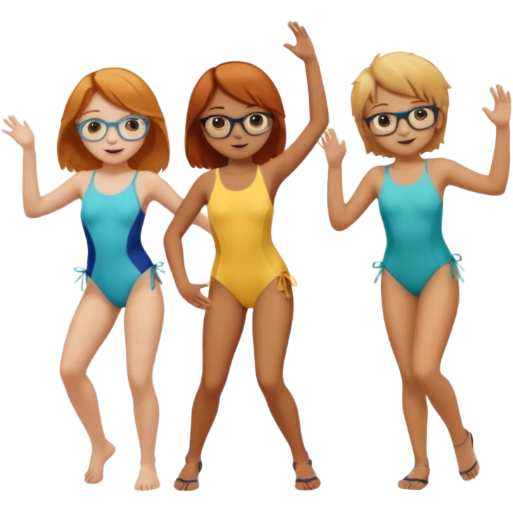 3 girls ( one ginger , one blond and one dark blond)  and 1 boy ( brown hair with fond glasses ) dancing at the beach  emoji