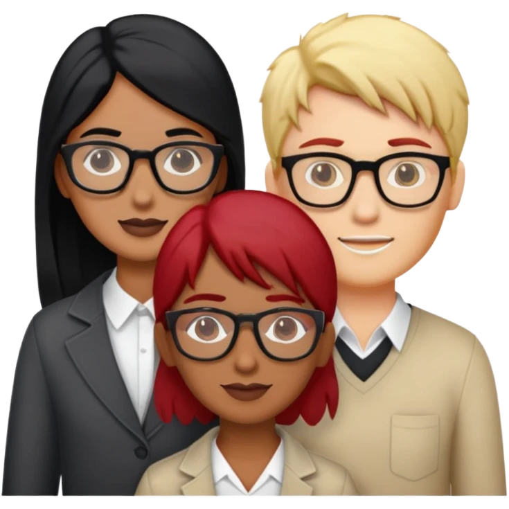 Three people one Indian male with black hair, one red haired female with glasses, one blonde haired, female with glasses ￼ emoji