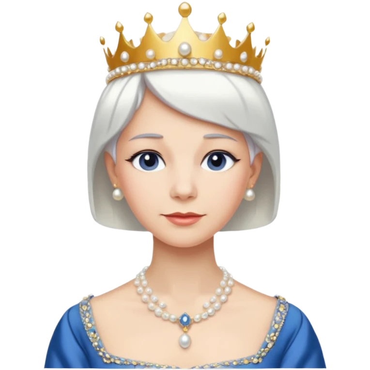 Queen with white short hair – gold tiara, pearl necklace, elegant gown, blue dress emoji