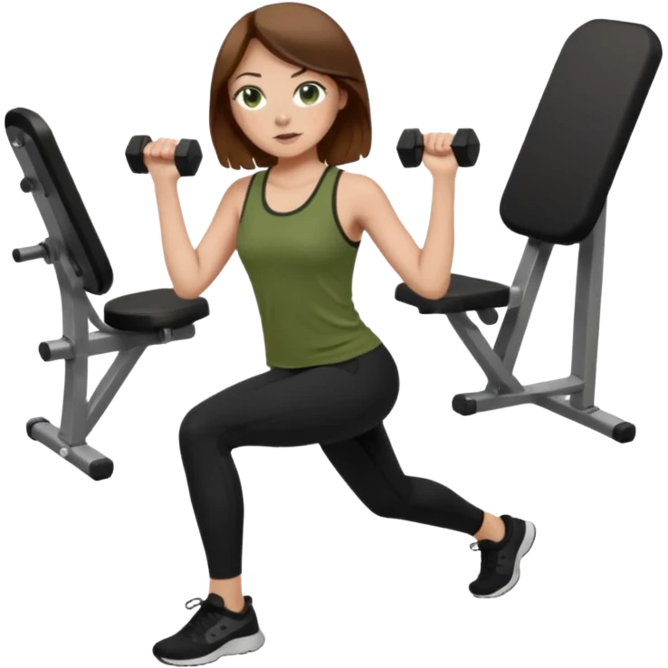 Girl with green eyes, brown hair, light skin, and freckles wearing an olive green top with black leggings working out emoji