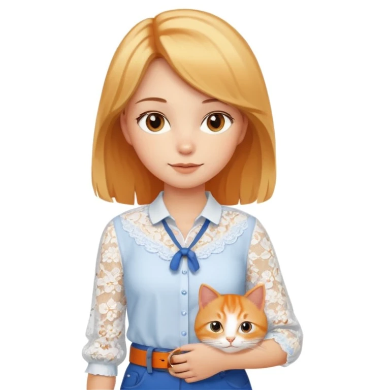 A very beautiful girl with honey-blond hair and kind eyes. She has medium-length hair, is wearing a white lace blouse, blue pants, and a brown belt, and is holding an orange cat.
 emoji