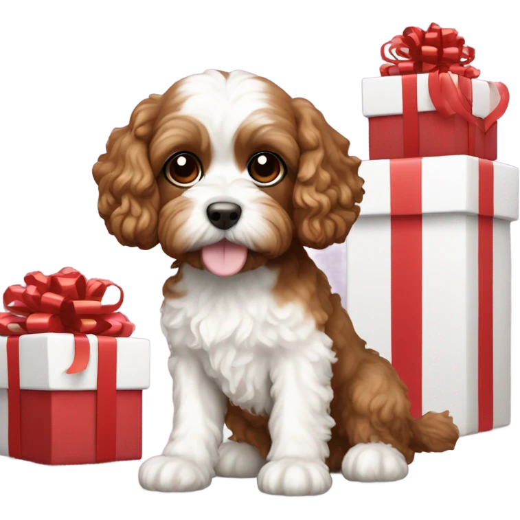 Brown and white cavapoo dog and gift box emoji