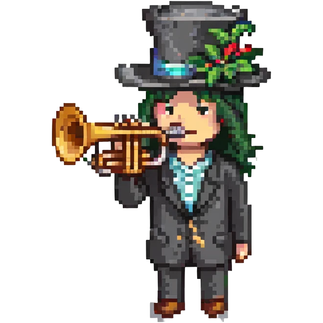 character with a black hat and a trumpet emoji