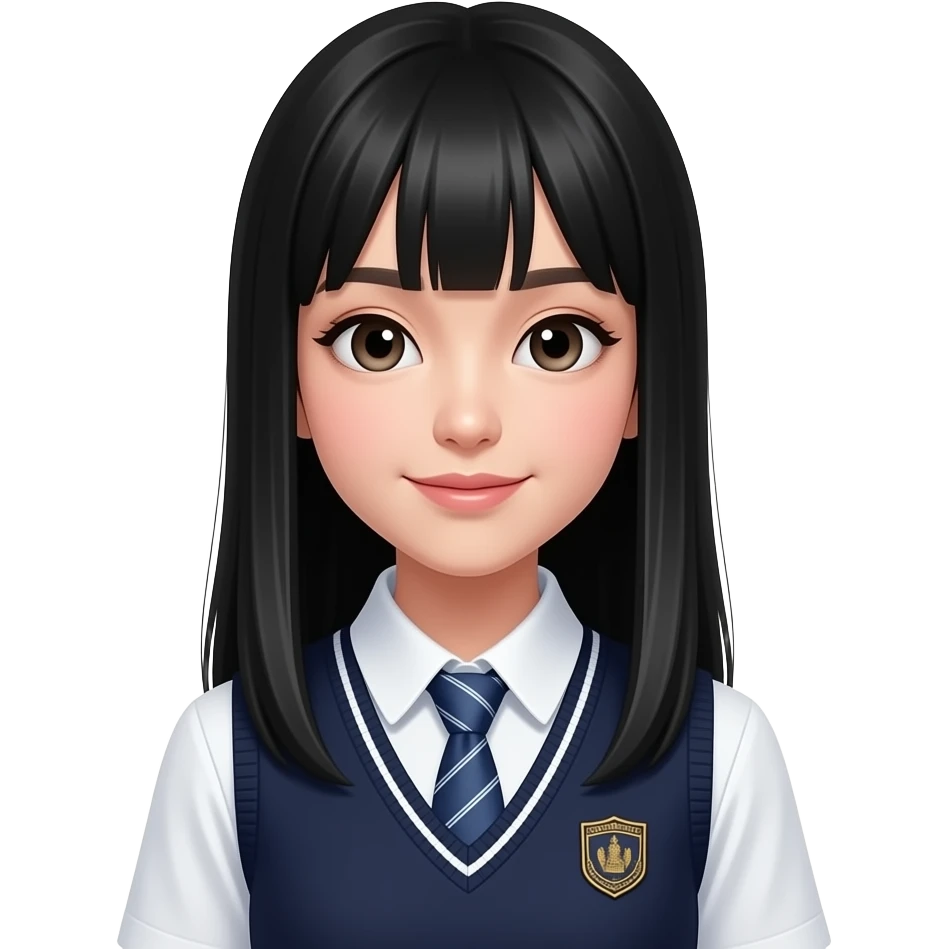 trendy schoolgirl with Asian skin, straight black long hair, chic uniform, speach bubble emoji