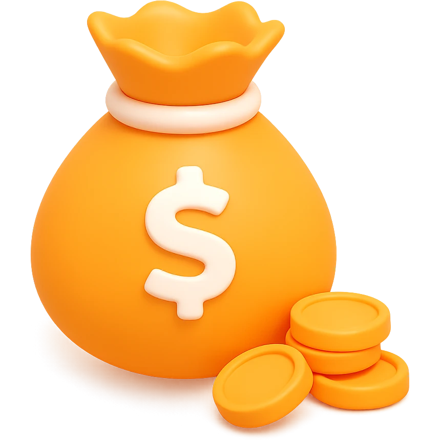3D orange money bag with coins spilling out emoji