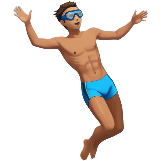 A diver mid-air, plunging from a high cliff into the sparkling ocean below. The background features rugged cliffs, clear blue water, and a bright sky, emphasizing the excitement and danger of the sport with a sense of freedom and adventure. emoji
