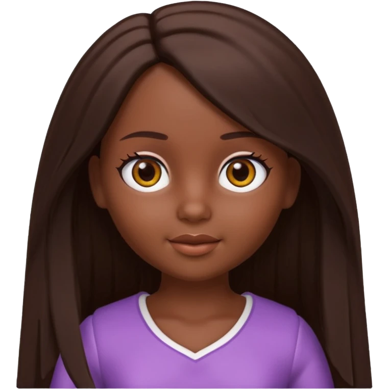 Boneca digital em estilo 3D realista e fofo, semelhante a uma boneca colecionável. Mulher jovem com pele negra, olhos castanhos escuros, cabelo liso cor chocolate, longo e bem alinhado.  emoji