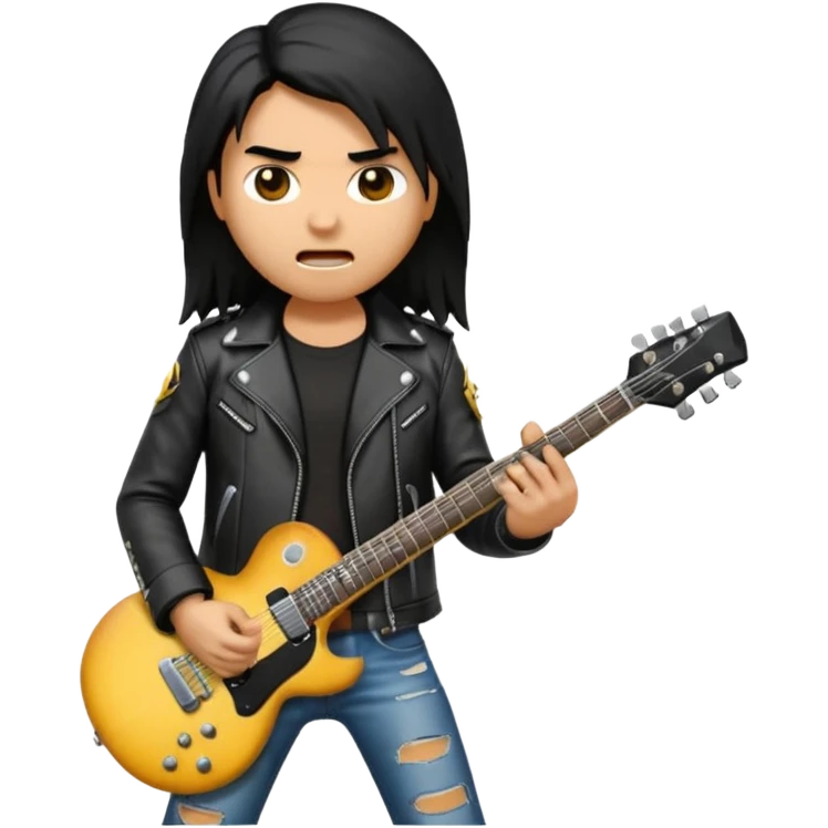 3D Apple-style emoji of a metal musician. Long hair, black leather jacket, ripped jeans, holding an electric guitar. Intense expression, glossy, rounded, smooth, soft shadows, white background.









 emoji