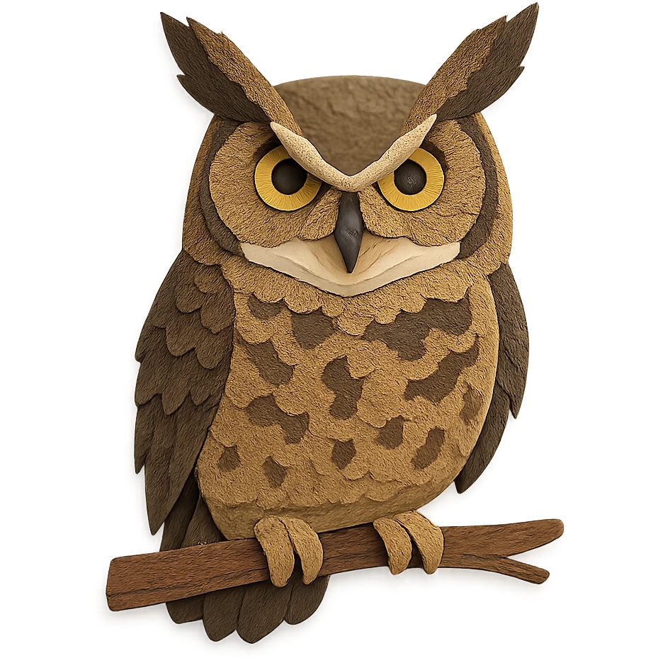 close-up of a great horned owl perched on a branch, fine paper edges, intense gaze, mottled feather patterns, large ear tufts emoji