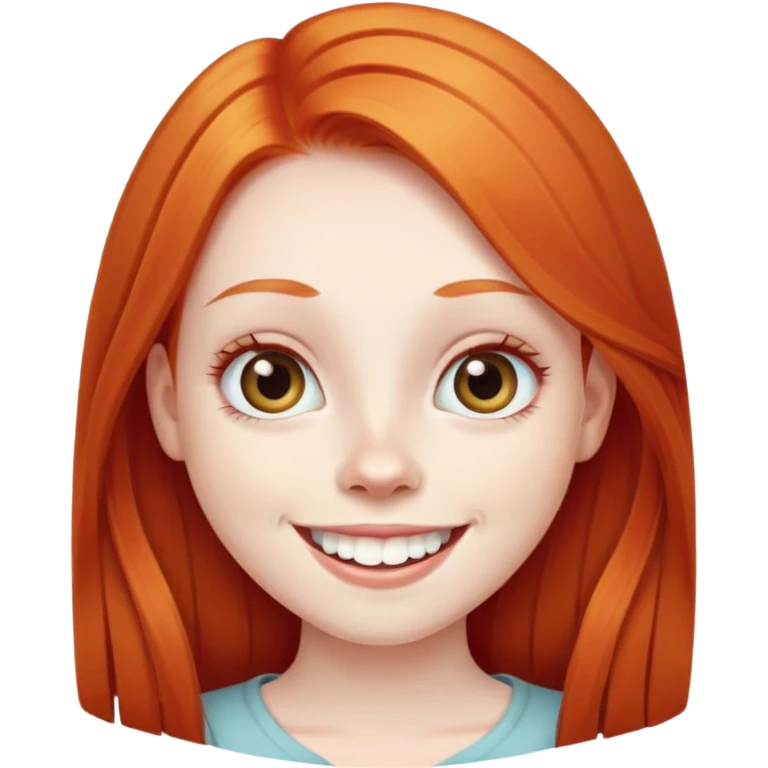 traditional simple emoji of young girl with very pale skin, long straight bright ginger red hair, big eyes, big smile with teeth showing, classic round face emoji