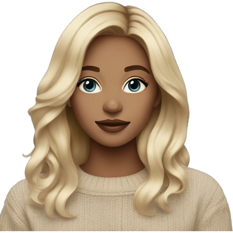 Blue eye long blonde balayage hair woman beige sweater emoji