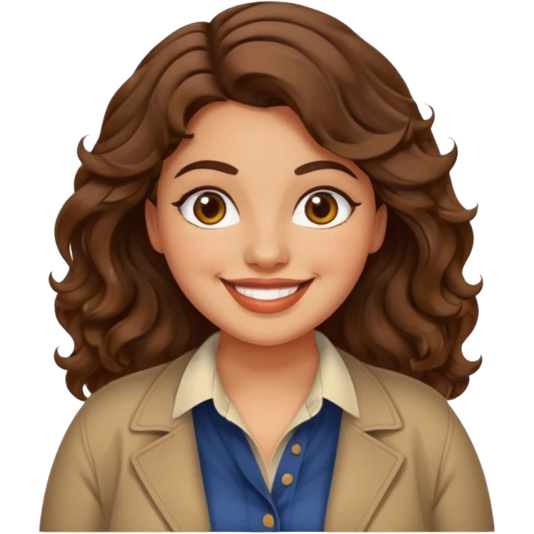 30 yr old italian woman, chubby, brown wavy hair, big brown eyes, huge smile, trendy clothes emoji