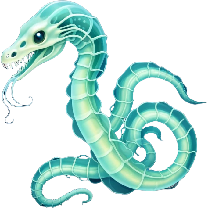 A phosphorescent deep-sea serpent with translucent scales that reveal its glowing skeleton, possessing both jellyfish-like tendrils and the ability to generate electrical pulses that illuminate the ocean depths. emoji