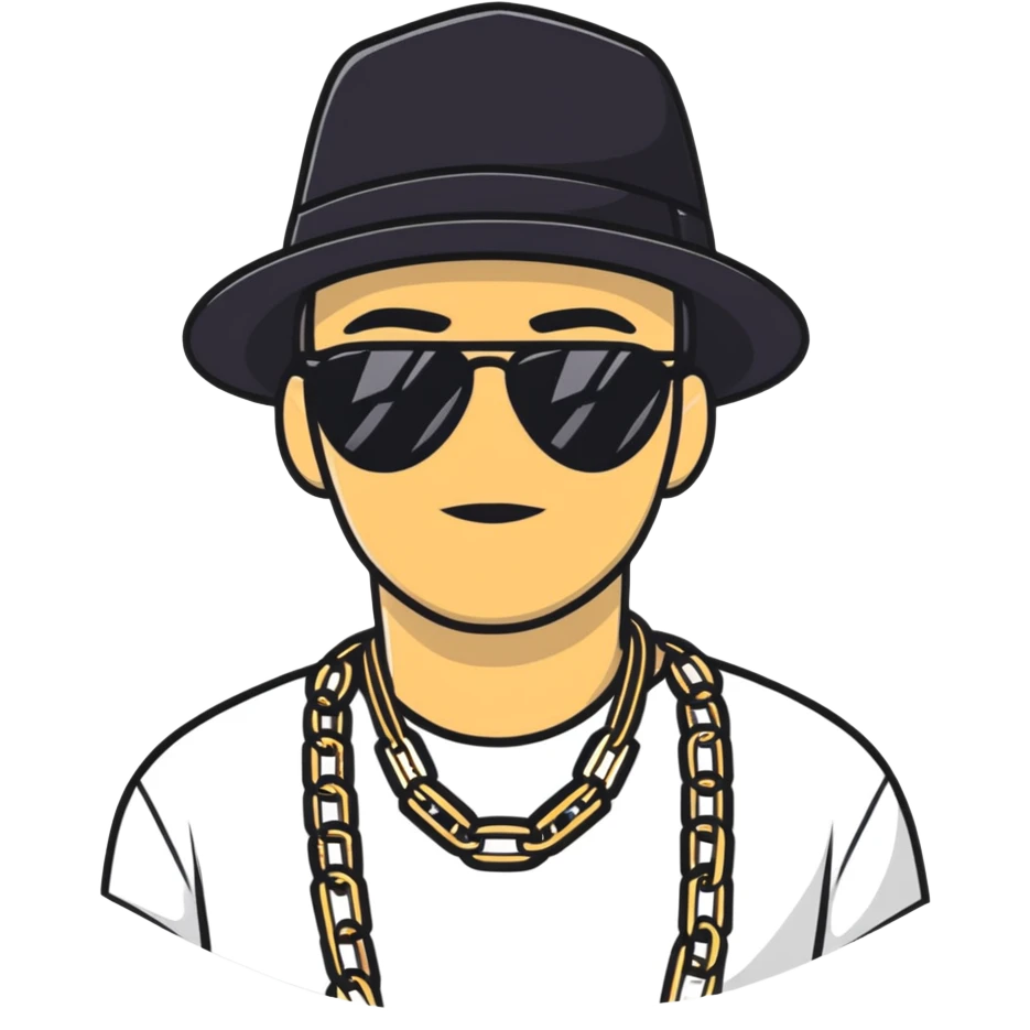 man with black sunglasses, black hat, and gold chain emoji