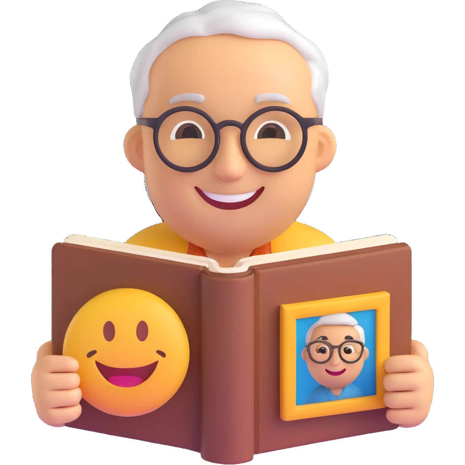 3D smiley emoji, round shape, grandfather with a photo album, brown color, smiling face emoji