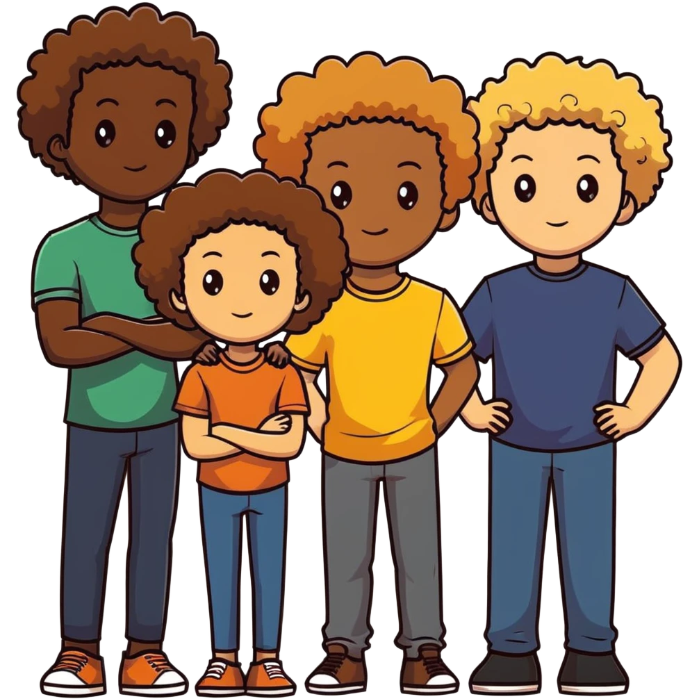 Group of diverse friends standing together, including a dark-skinned boy, a light-skinned blonde boy, a light-skinned girl with dark hair, a mixed-race girl with brown hair, a light-skinned person with curly hair, a mixed-race person with dark curly hair, and in the center a mixed-race person with wavy hair emoji