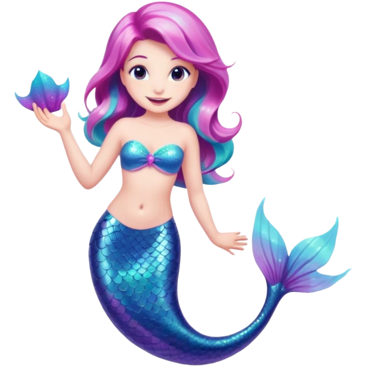 mermaid with a pastel pink, purple, and turquoise glitter tail, cheerful expression emoji