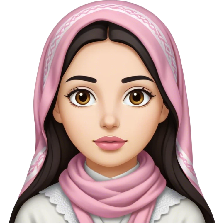 A woman with long, dark hair wears a traditional white keffiyeh, her makeup is well done, with defined eyebrows and soft pink lips  emoji
