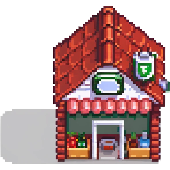 isometric supermarket building with red tiled roof, store entrance, and small parking area emoji