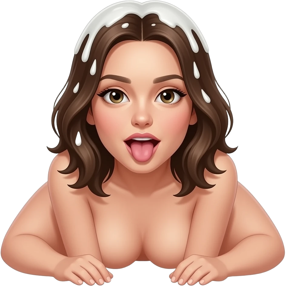 Naked girl, brunette, shoulder length hair, large exposed breasts, on all fours, mouth open, tongue out, face and hair covered in milk emoji