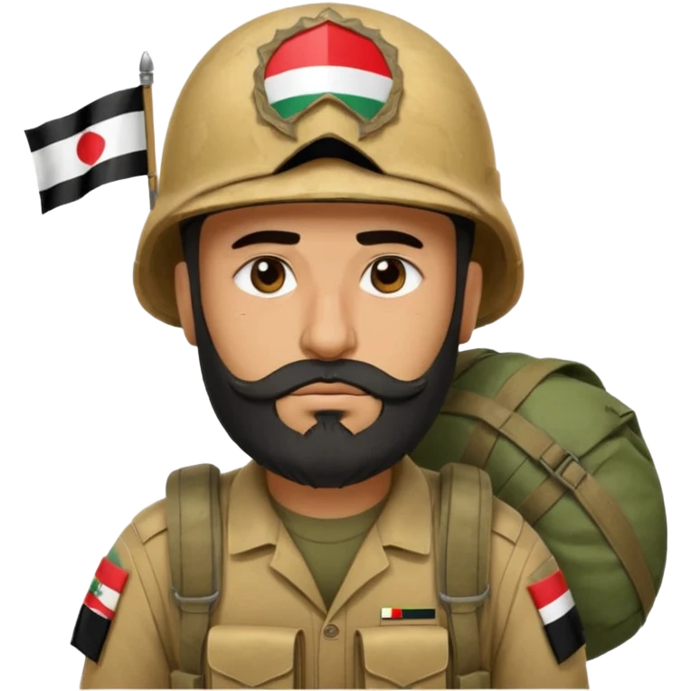 A tired, swarthy Iraqi soldier with a beard, an Iraqi flag on his helmet, a sad expression and bags under his eyes emoji