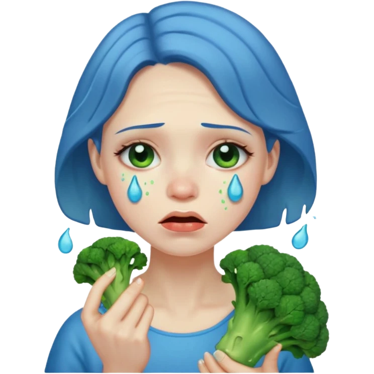 Woman crying eating broccoli. make tears blue color emoji
