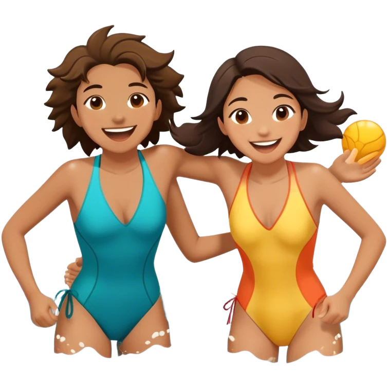 Two friends, as explorers, splash each other in the ocean, laughing as their eyes lock in pure joy and appreciation. The sun glistens on the water, highlighting their deep connection and the simple happiness of the moment.  emoji