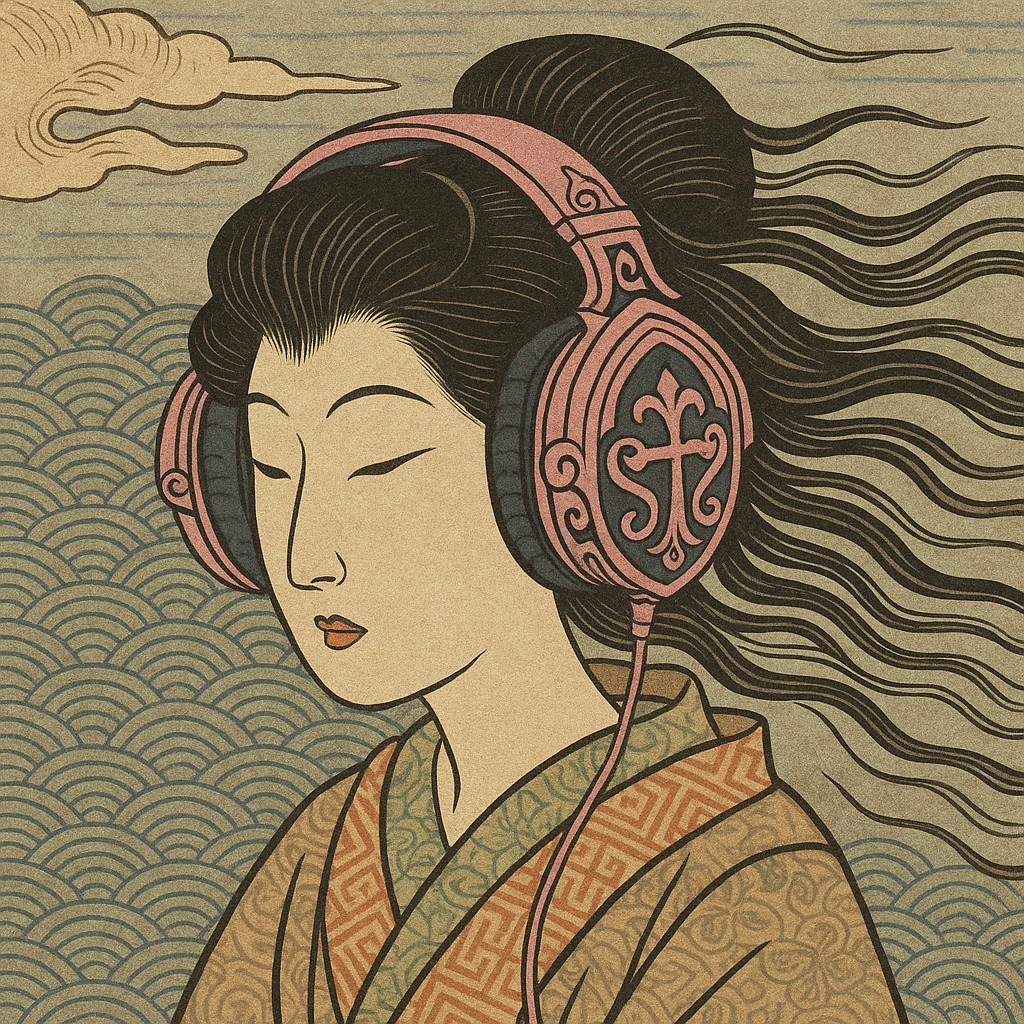 pink gothic headphones with traditional Japanese gothic motifs and flowing lines emoji