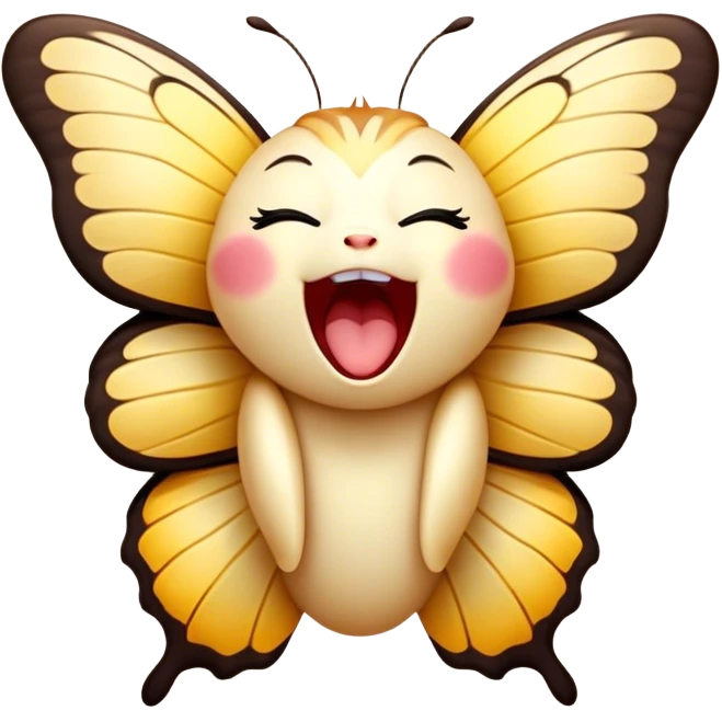 Cinematic Adorable Yawning Butterfly Portrait Emoji, Head tilted slightly with a dramatic, wide-open yawn, showcasing a delicate, softly fluttering body with gently drooping wings and sleepy, half-closed eyes, Simplified yet irresistibly cute features, highly detailed, glowing with a soft, cozy luminescence, high shine, relaxed yet expressive, stylized with a dash of whimsical floral charm, soft glowing outline, capturing the essence of a drowsy butterfly that appears ready to rest its wings for a nap! emoji