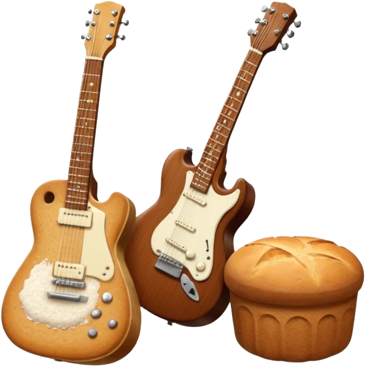 a bottle of salt (salt shaker) and a loaf of peasant bread with a small SG Gibson electric guitar emoji
