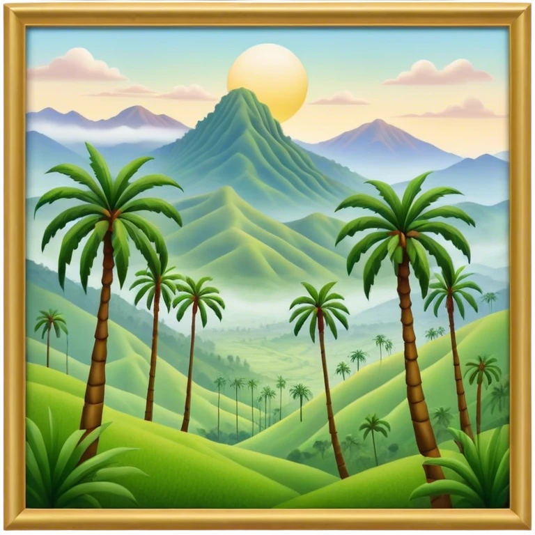 Cinematic Realistic Cocora Valley Landmark Emoji, featuring towering wax palm trees swaying in the misty green valley, with rolling hills and distant mountain peaks bathed in warm morning light. emoji
