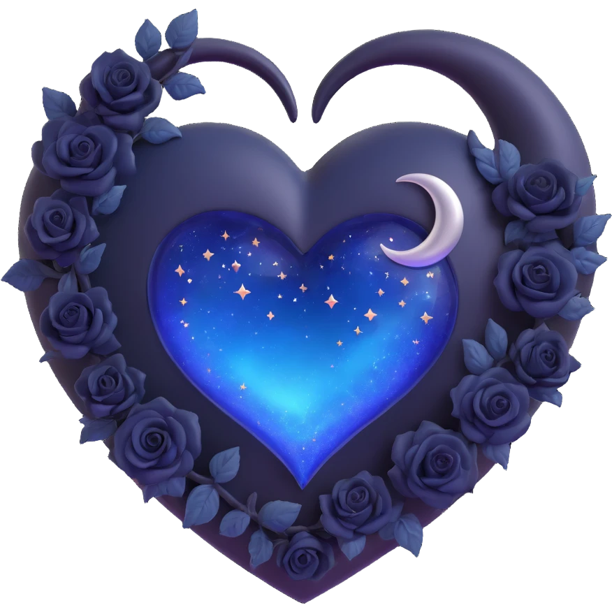 3D emoji gothic heart, midnight blue glass, silver crescent moon, tiny black roses, shimmering stardust, swirling galaxy background emoji